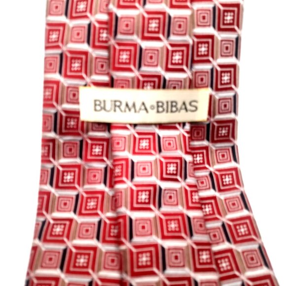 Vintage Men's Tie Burma Bibas Red Beige Geometric Square Pattern All Silk Tie - Picture 4 of 9